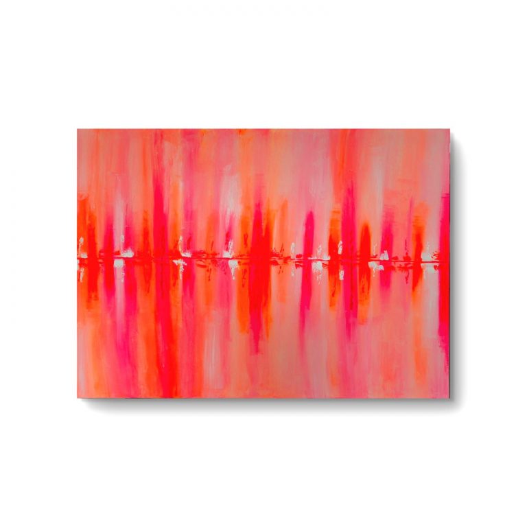 Abstraktes Acrylbild in Neonfarben mit leuchtenden Rot-, Pink- und Orangetönen