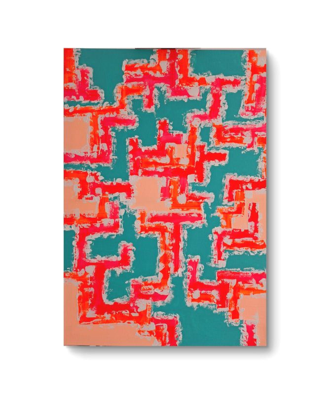 Abstrakte Acrylmalerei mit geometrischem Muster in Türkis, Neon-Pink und Orange