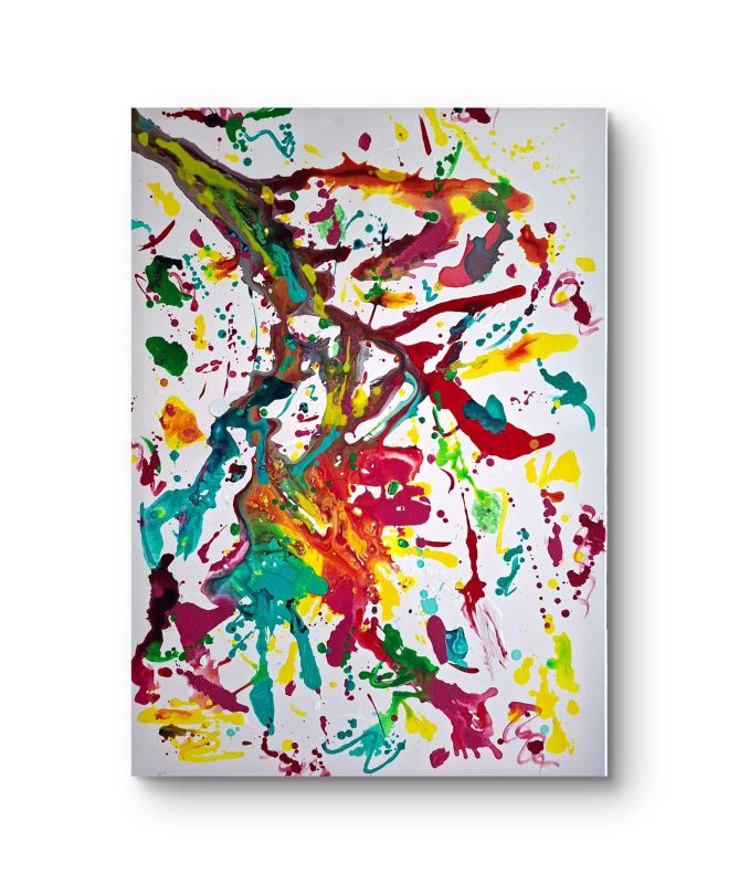 Abstrakte Acrylmalerei mit bunten Farbspritzern im Action Painting Stil