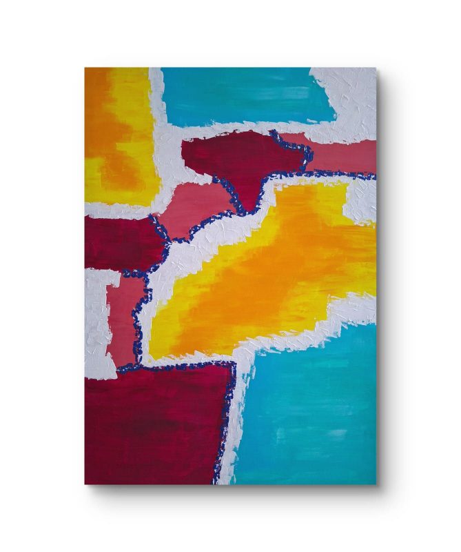 Abstrakte Acrylmalerei mit großen Farbflächen in Gelb, Blau und Rot