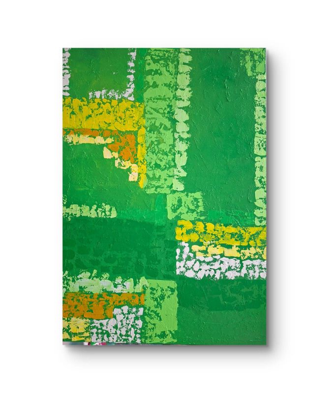 Abstrakte Acrylmalerei in Grün- und Gelbtönen mit strukturierter Oberfläche