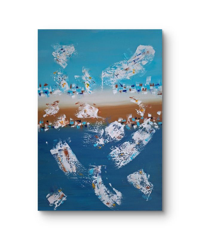 Abstrakte Acrylmalerei in Blau mit weißen und beigen Strukturen